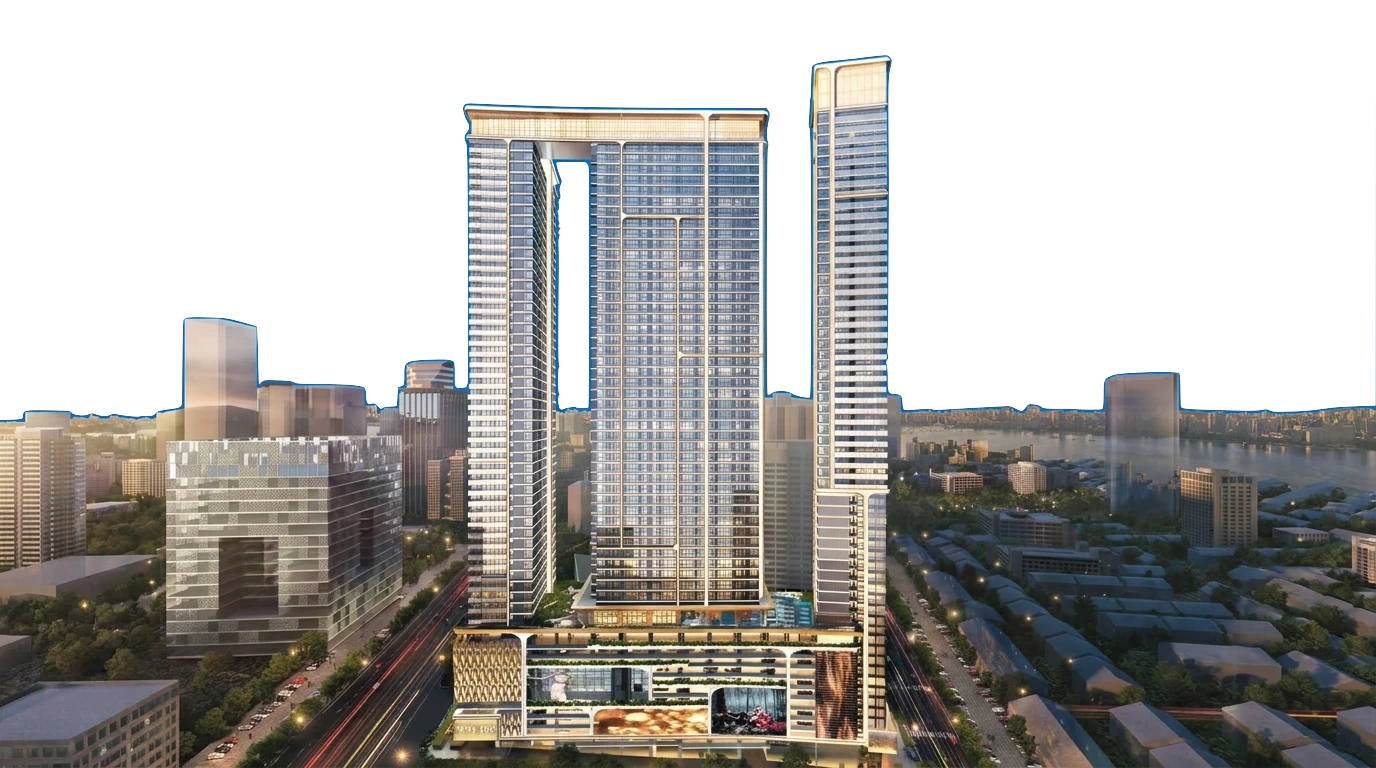 Architectural rendering of CTC SkyOne luxury suites in Bukit Chagar showing sky-high modern towers
